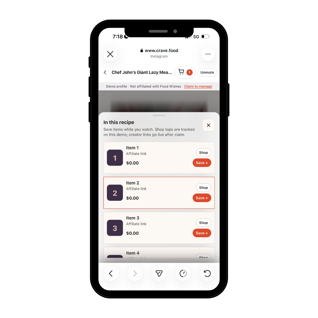 Ingredient menu listing every shoppable product for the recipe